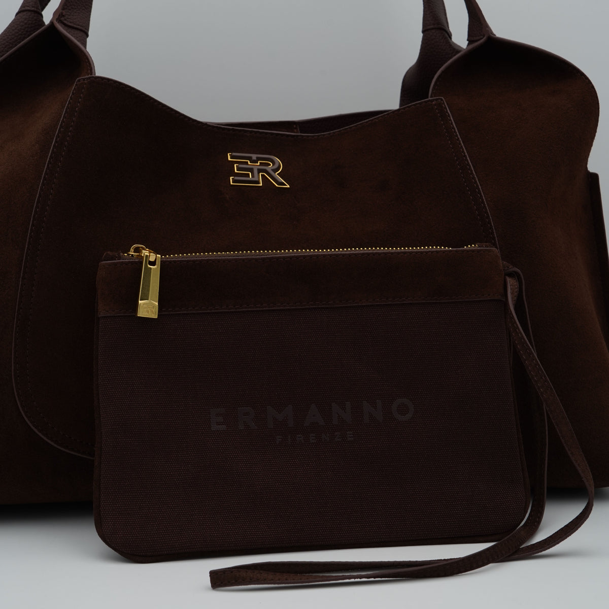 Borsa Ermanno Firenze by Ermanno Scervino Candy Large Tote Suede 12402304 Marrone Scuro in Camoscio con Doppi Manici e Logo Dorato