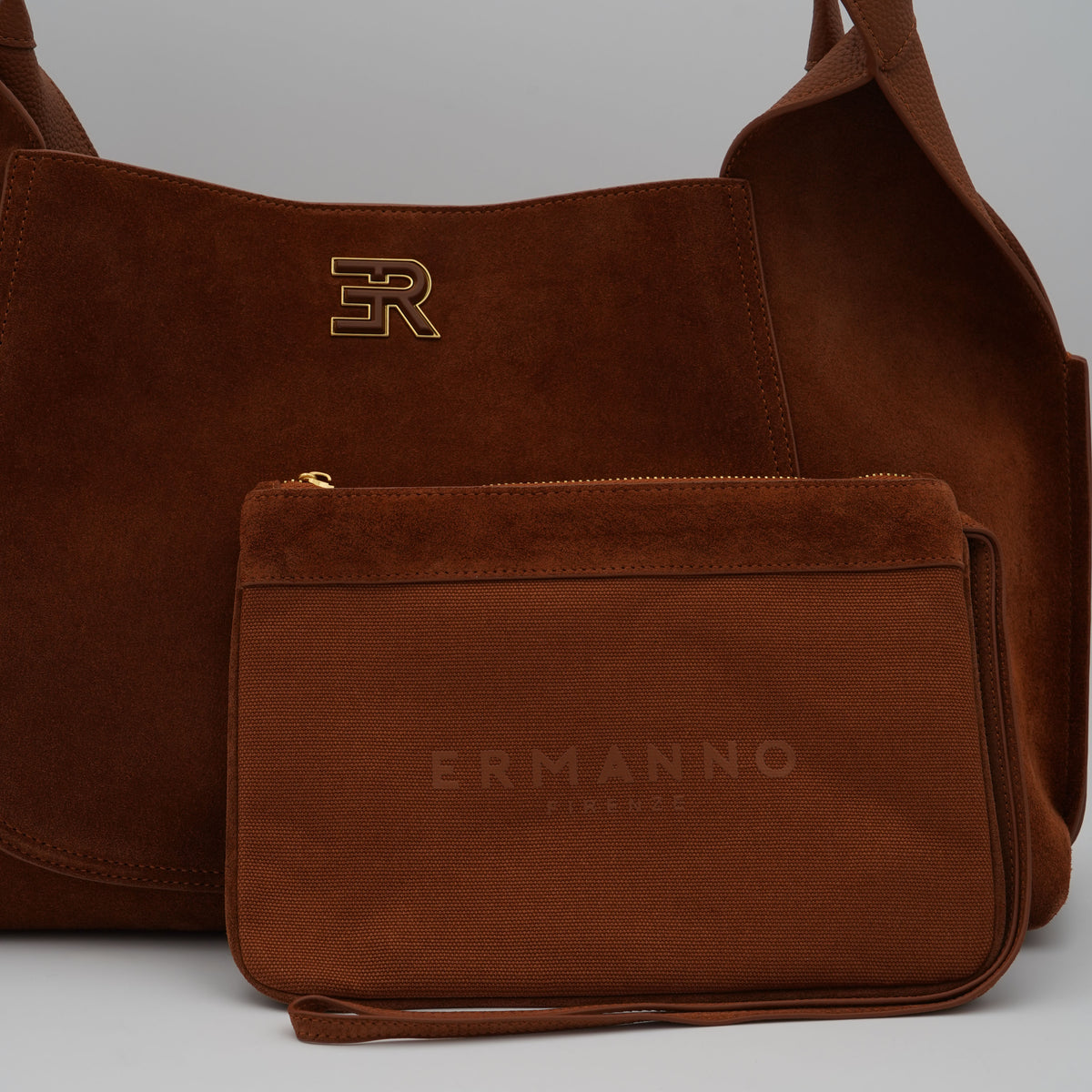 Borsa Ermanno Firenze by Ermanno Scervino Candy Large Tote Suede 12402304 Marrone Cammello in Camoscio con Doppi Manici e Logo Dorato