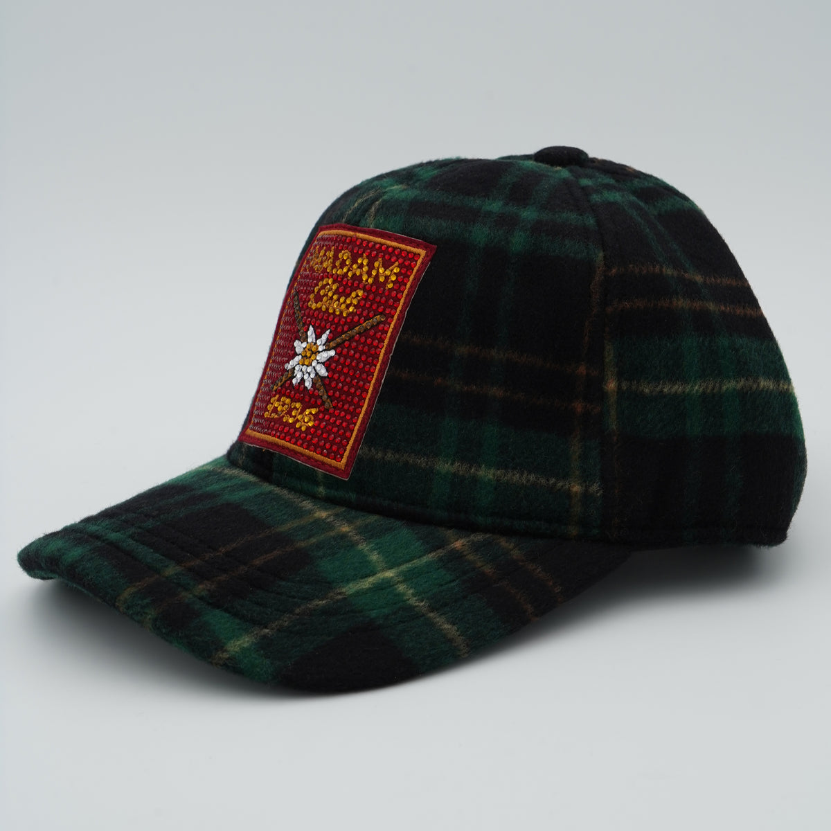 Cappello con Visiera Rue Madam Paris Chamonix Cap 1589 Verde Tartan in Misto Lana con Patch Frontale e Strass