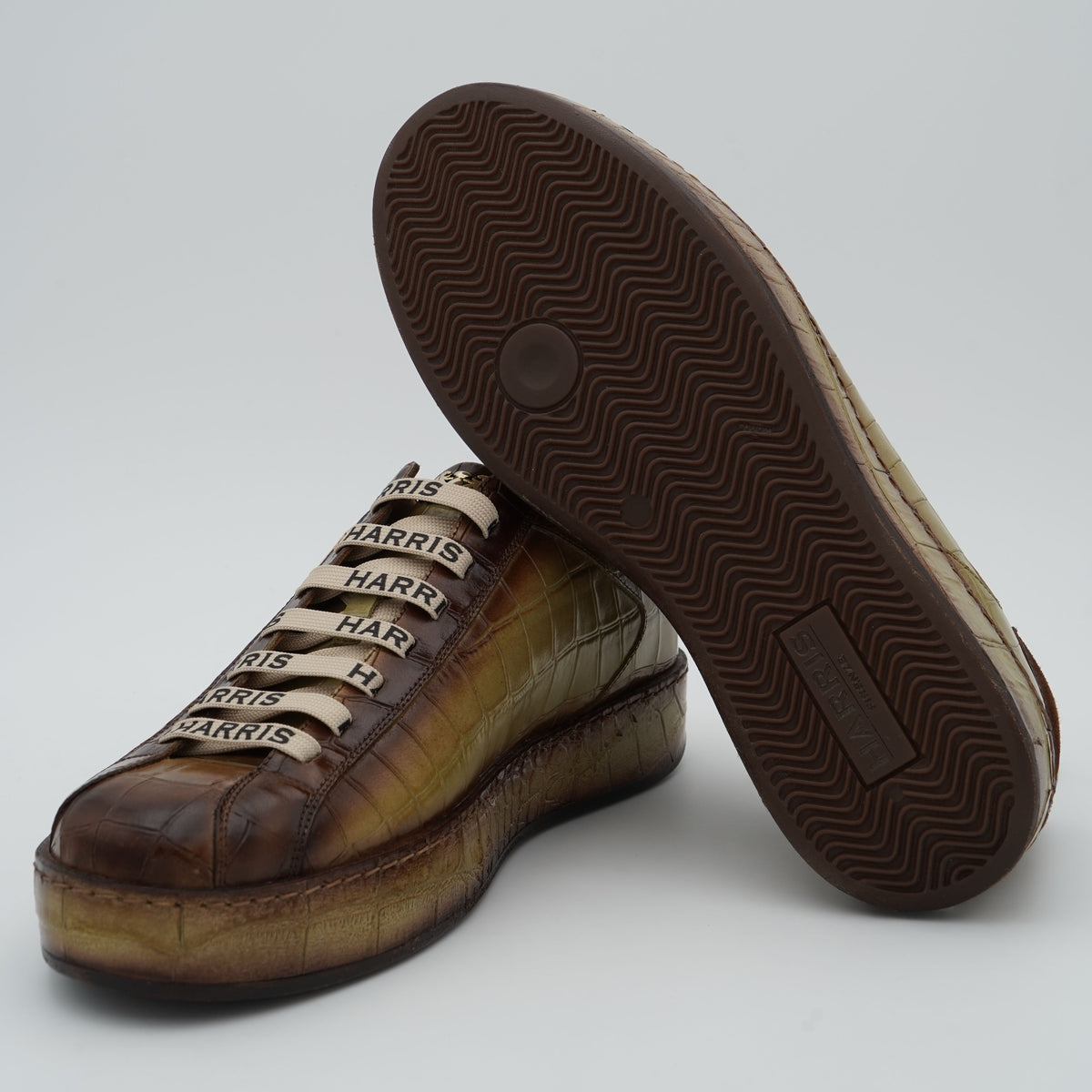 Sneakers Harris 2817 Cocco 26 Marrone e Verde Oliva in Pelle di Vitello Effetto Coccodrillo Dipinta a Mano con Suola Runner in Gomma