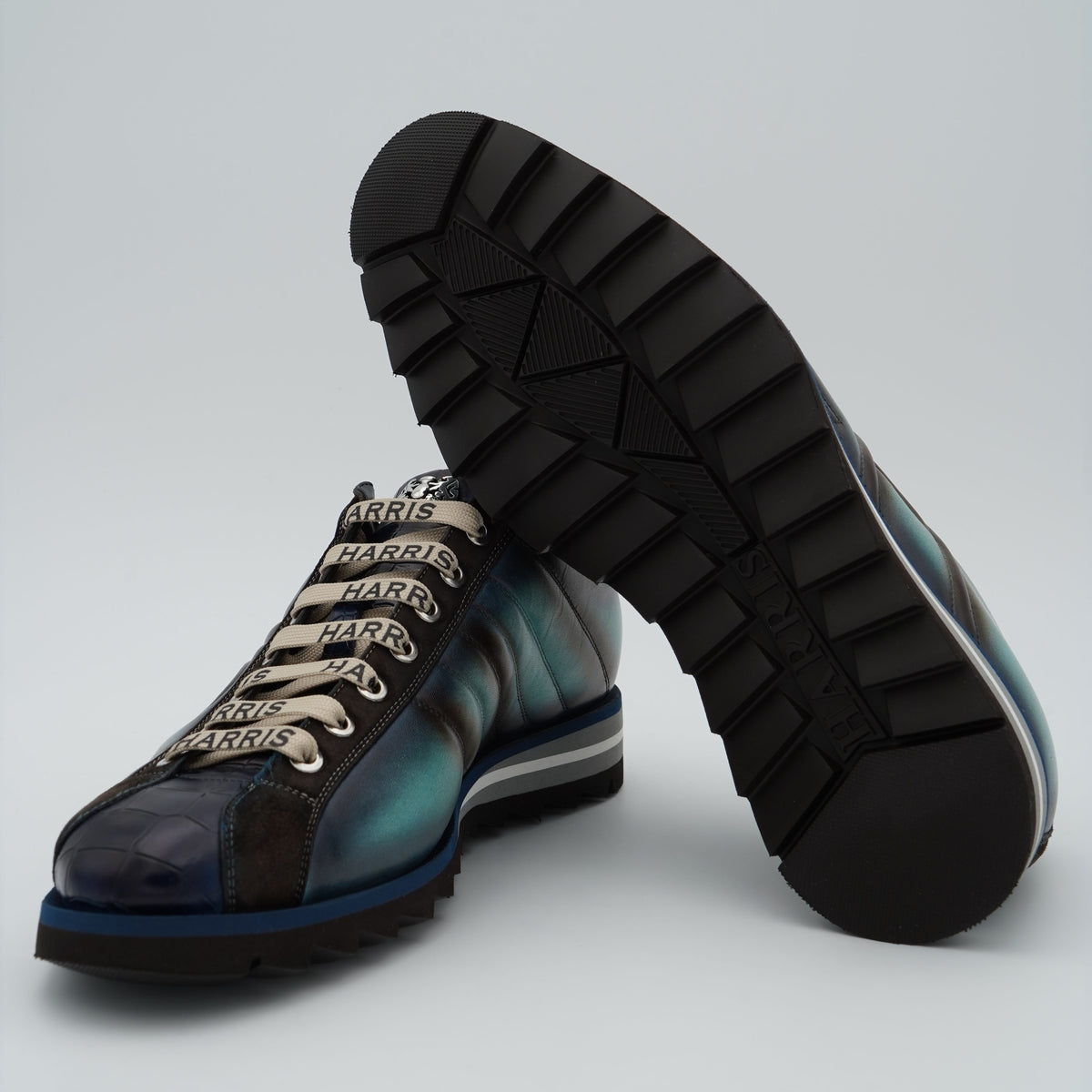 Sneaker Harris 3896 Cocco 21 Ocean in Pelle di Vitello Dipinta a Mano Blu Verde e Marrone con Inserti in Camoscio e Stampa Cocco