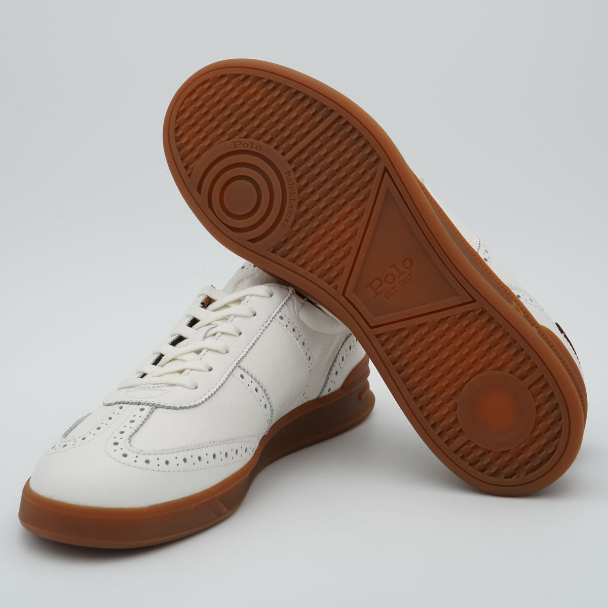 Sneakers Polo Ralph Lauren Heritage Aera Leather Brogue P15727 001 in Pelle Bianca con Dettagli Brogue e Suola Gum