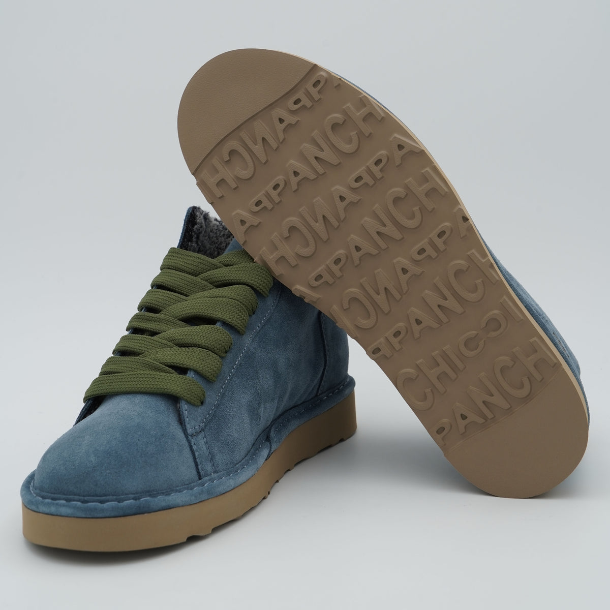 Polacchino Panchic Icon P001M036 T006 Denim Blu in Camoscio con Fodera Faux Fur, Lacci Verde Militare e Suola EVA