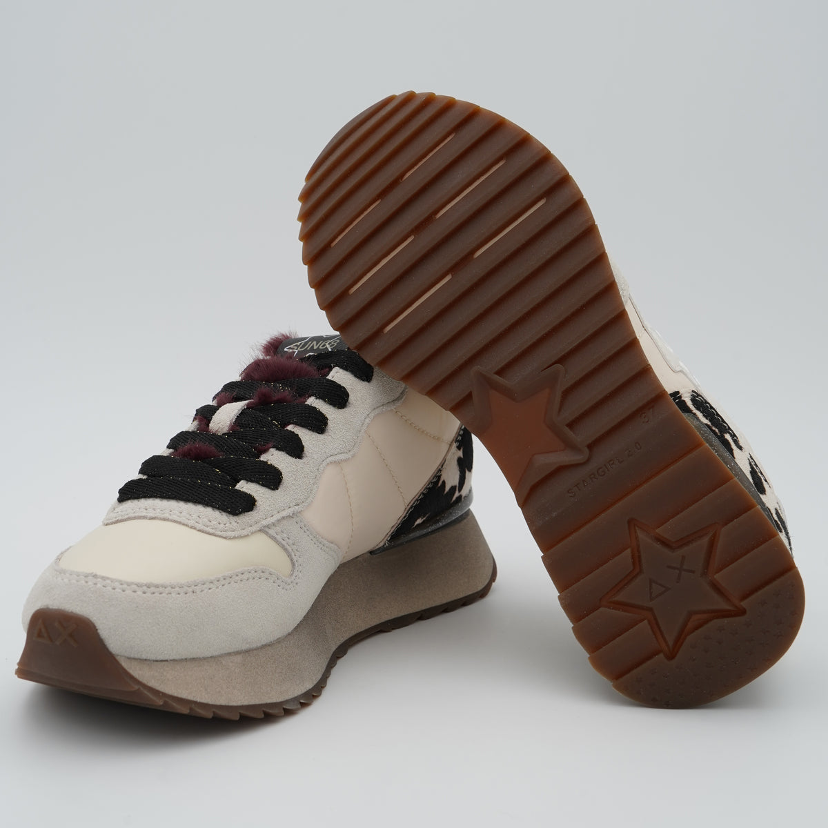 Sneakers SUN68 Stargirl Animalier Z46224 31 Bianco Panna in Nylon e Suede con Cavallino Pezzato, Linguetta in Pelliccia Sintetica e Suola EVA