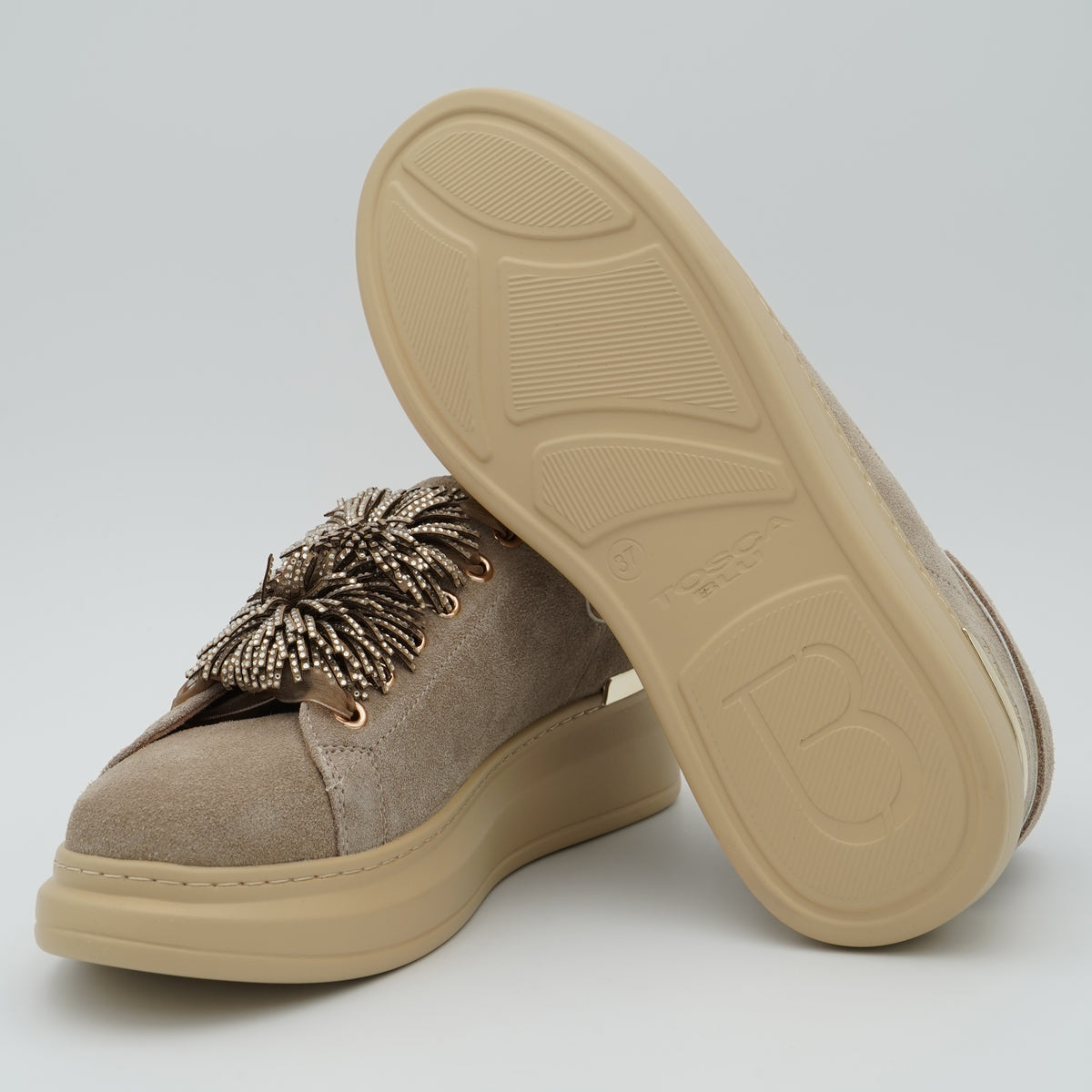 Sneakers Tosca Blu City Luxe SF2602S028 C05 Beige in Microfibra con Micro Strass, Pompon Gioiello e Suola Platform