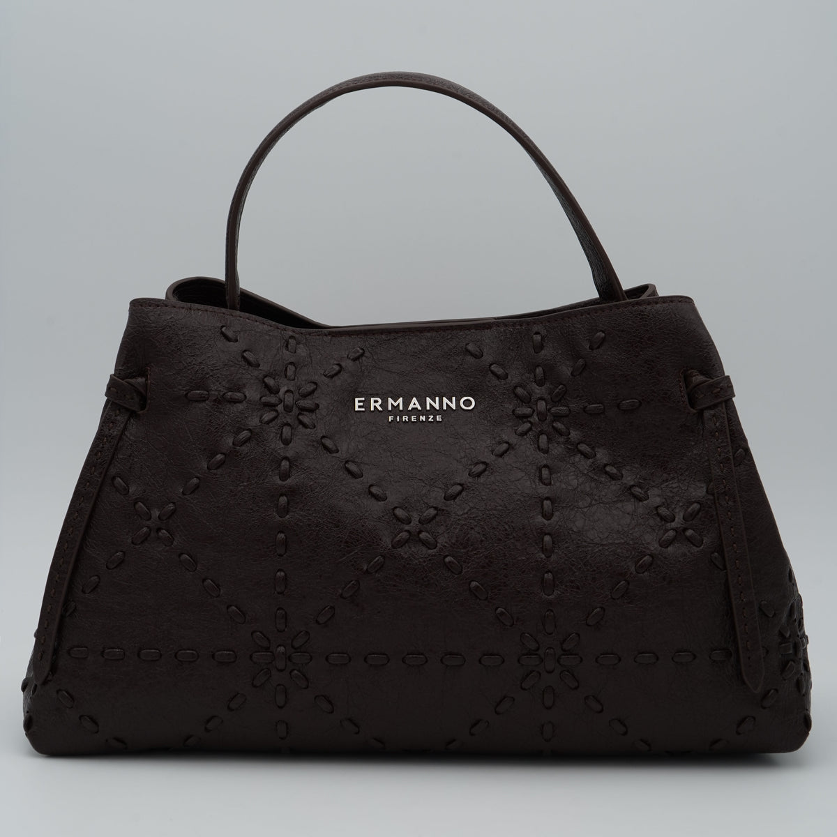 Borsa Ermanno Firenze by Ermanno Scervino Large Tote Brie 12402240 Marrone Scuro con Ricamo Floreale Tono su Tono, Doppio Manico e Logo