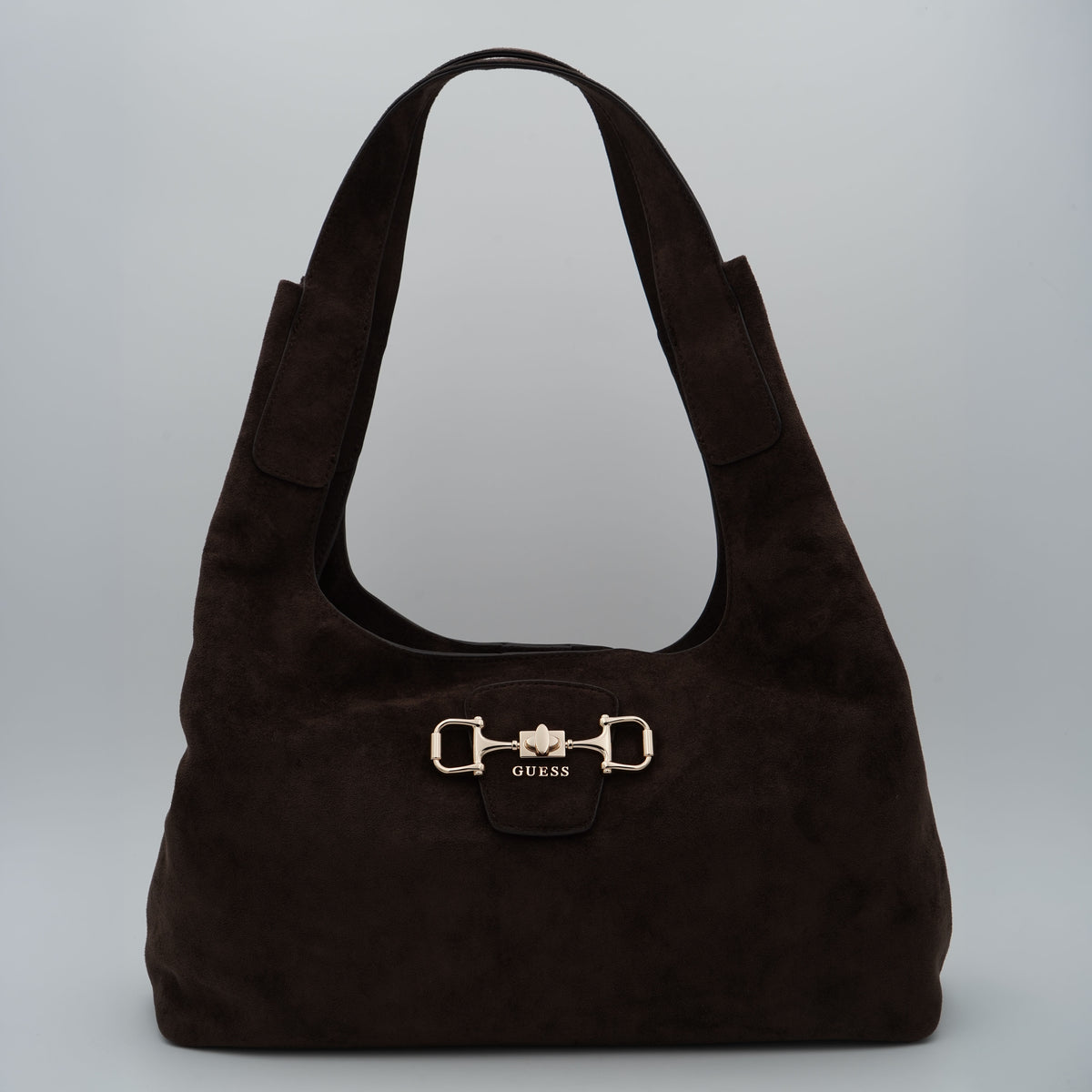 Borsa a Spalla Guess Sunset Maxi Hobo HWSG2314020 Espresso Marrone Scuro Effetto Camoscio con Morsetto Dorato