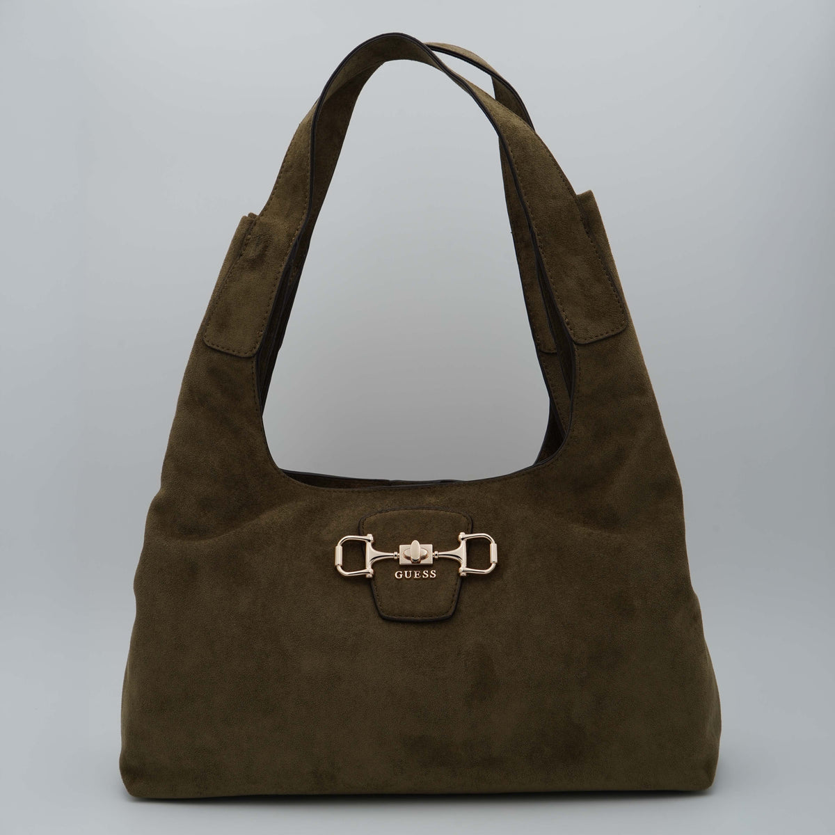 Borsa a Spalla Guess Sunset Maxi Hobo HWSG2314020 Olive Verde Oliva Effetto Camoscio con Morsetto Dorato