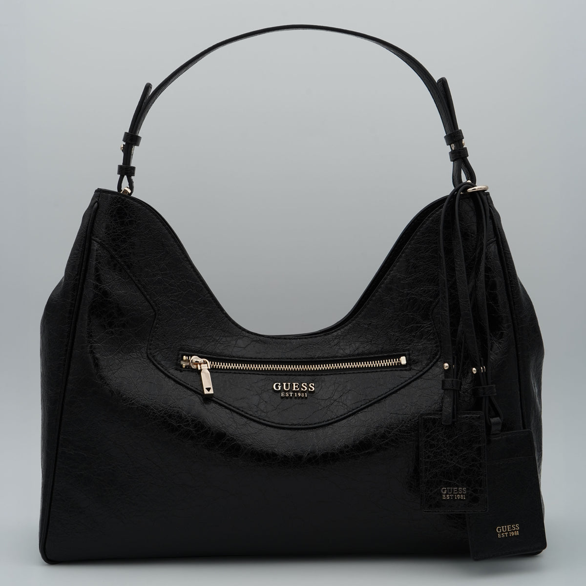 Borsa a Spalla Guess Antonia Large Hobo HWTG2183020 Black Nera Effetto Craquelé con Zip Frontale e Dettagli Dorati