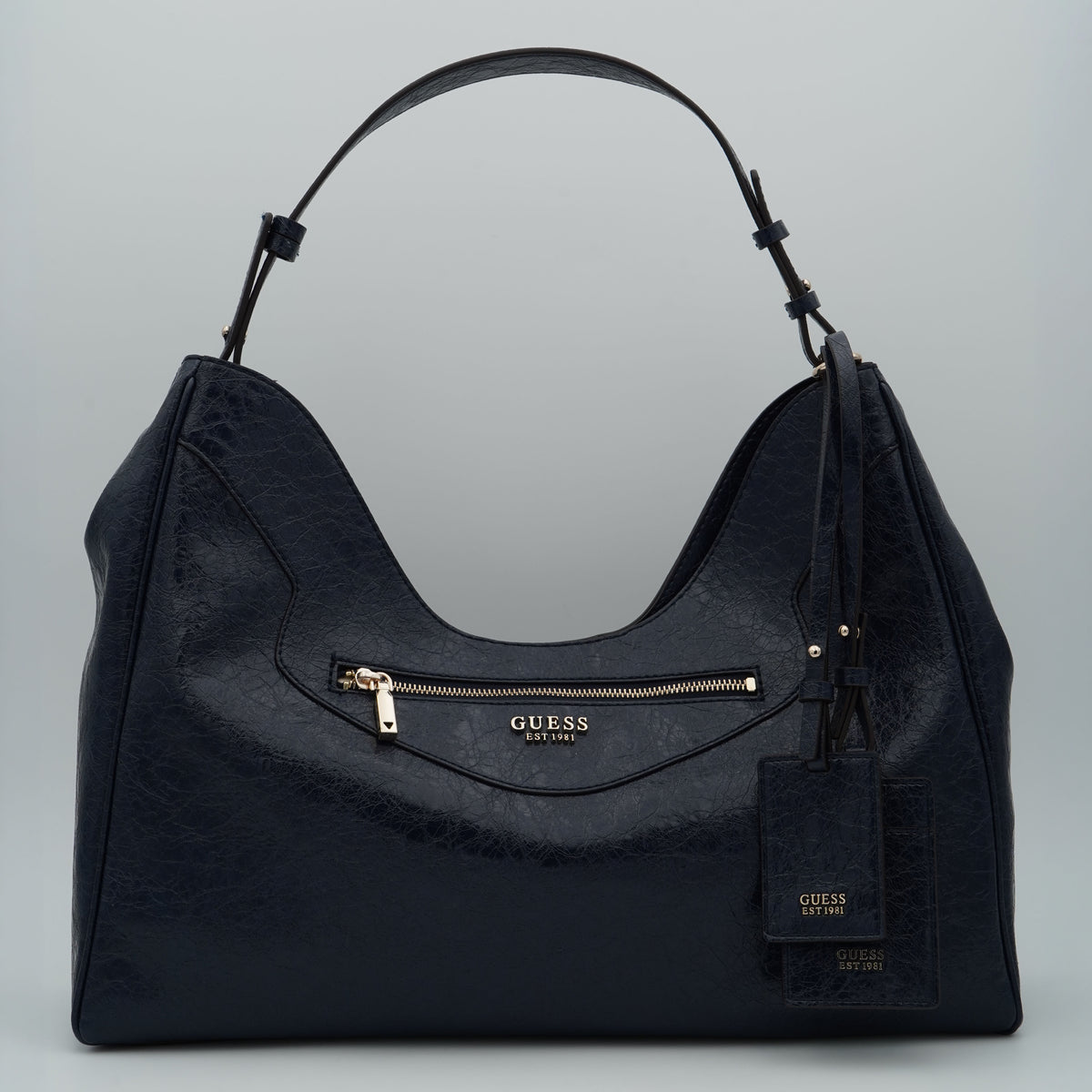 Borsa a Spalla Guess Antonia Large Hobo HWTG2183020 Midnight Blu Scuro Effetto Craquelé con Zip Frontale e Dettagli Dorati