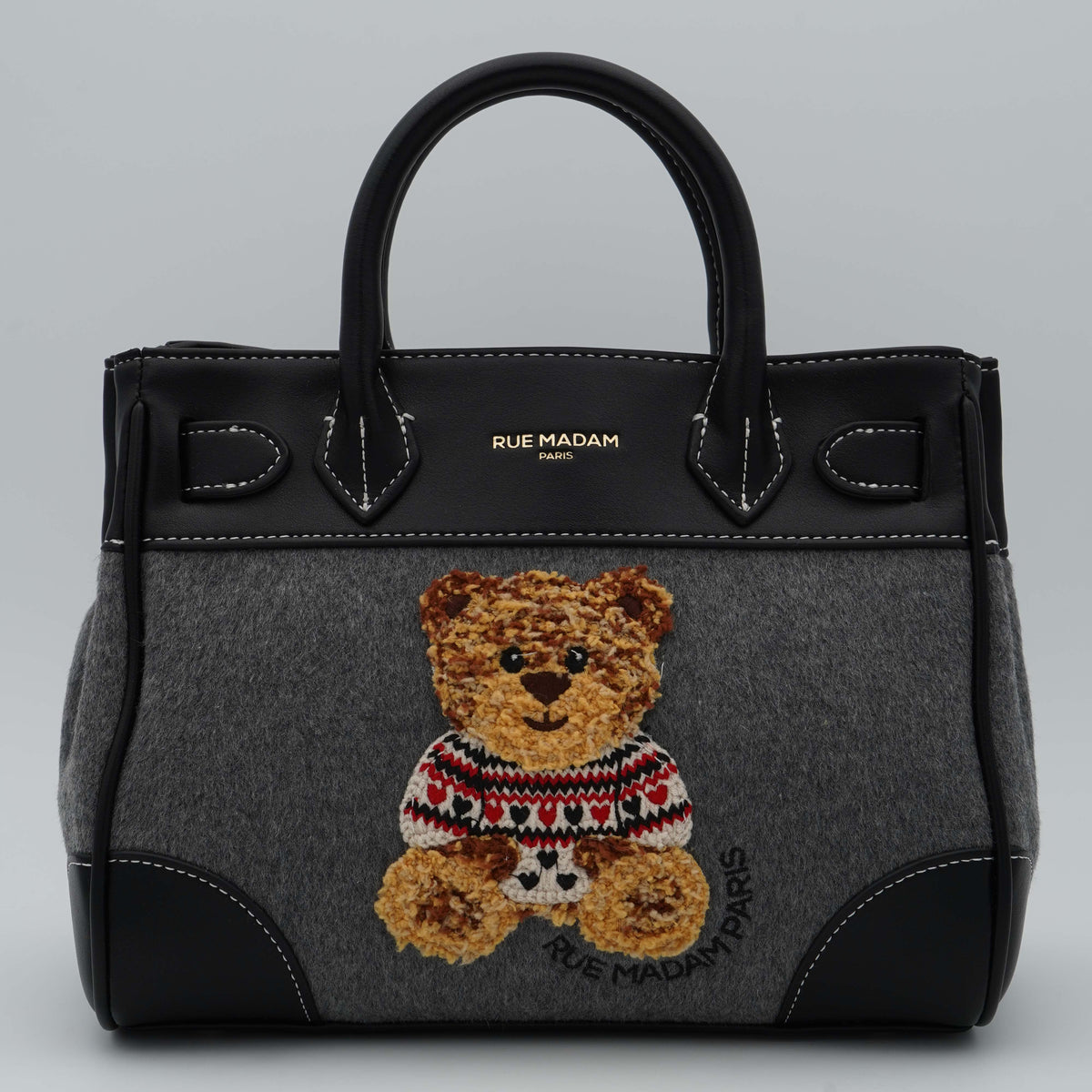 Borsa Rue Madam Paris Marvin Love Mini Tote 1618 Grey in Panno Misto Lana ed Ecopelle Vegan con Orsetto Ricamato