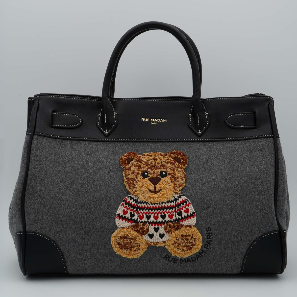 Borsa Rue Madam Paris Marvin Love Tote 1623 Grey in Panno Misto Lana ed Ecopelle Vegana con Orsetto Ricamato