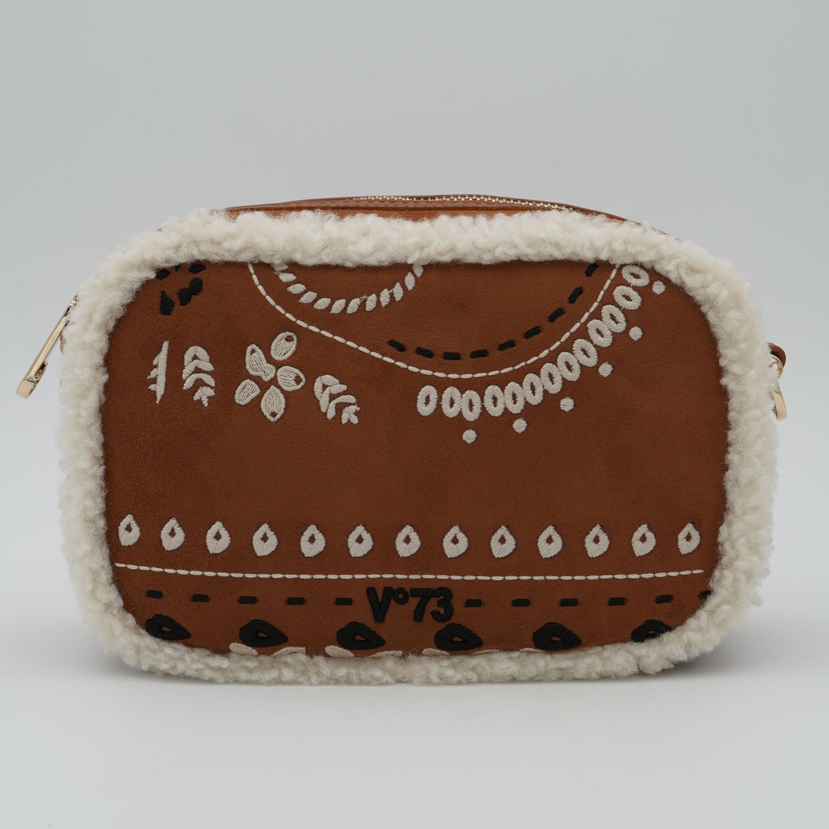 Borsa V°73 Morganite 73BSA4J04 Cannella Multi con Ricami Bandana, Bordo Effetto Shearling e Chiusura Zip