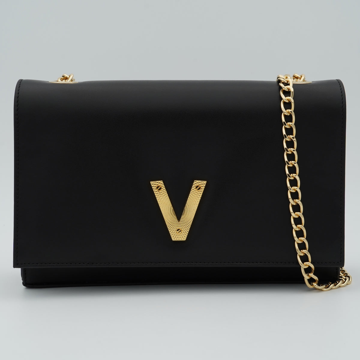 Borsa a Tracolla Via Roma 15 VR800 Nappa Nero con Catena e Dettaglio V Oro