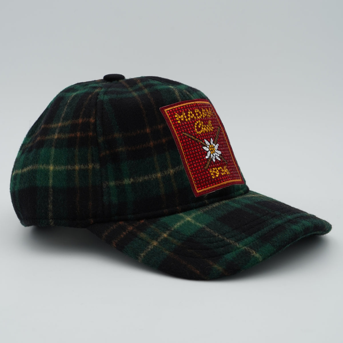 Cappello con Visiera Rue Madam Paris Chamonix Cap 1589 Verde Tartan in Misto Lana con Patch Frontale e Strass