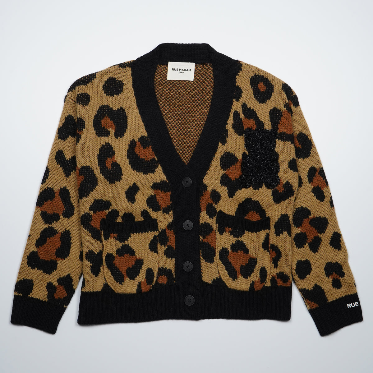 Cardigan Rue Madam Paris Leopard Cardigan 1602 Maculato Beige Nero e Ruggine in Misto Lana con Scollo a V, Tasche e Ricamo Marvin