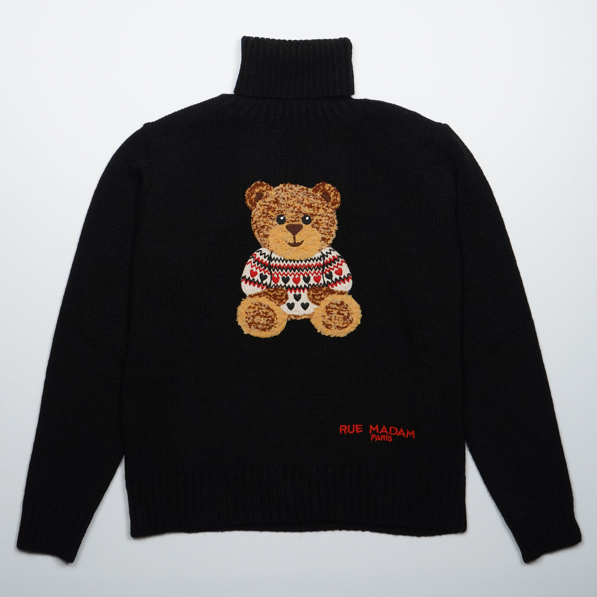 Dolcevita Rue Madam Paris Marvin Love Turtleneck 1613 Nero in Misto Lana con Orsetto Marvin Ricamato e Logo
