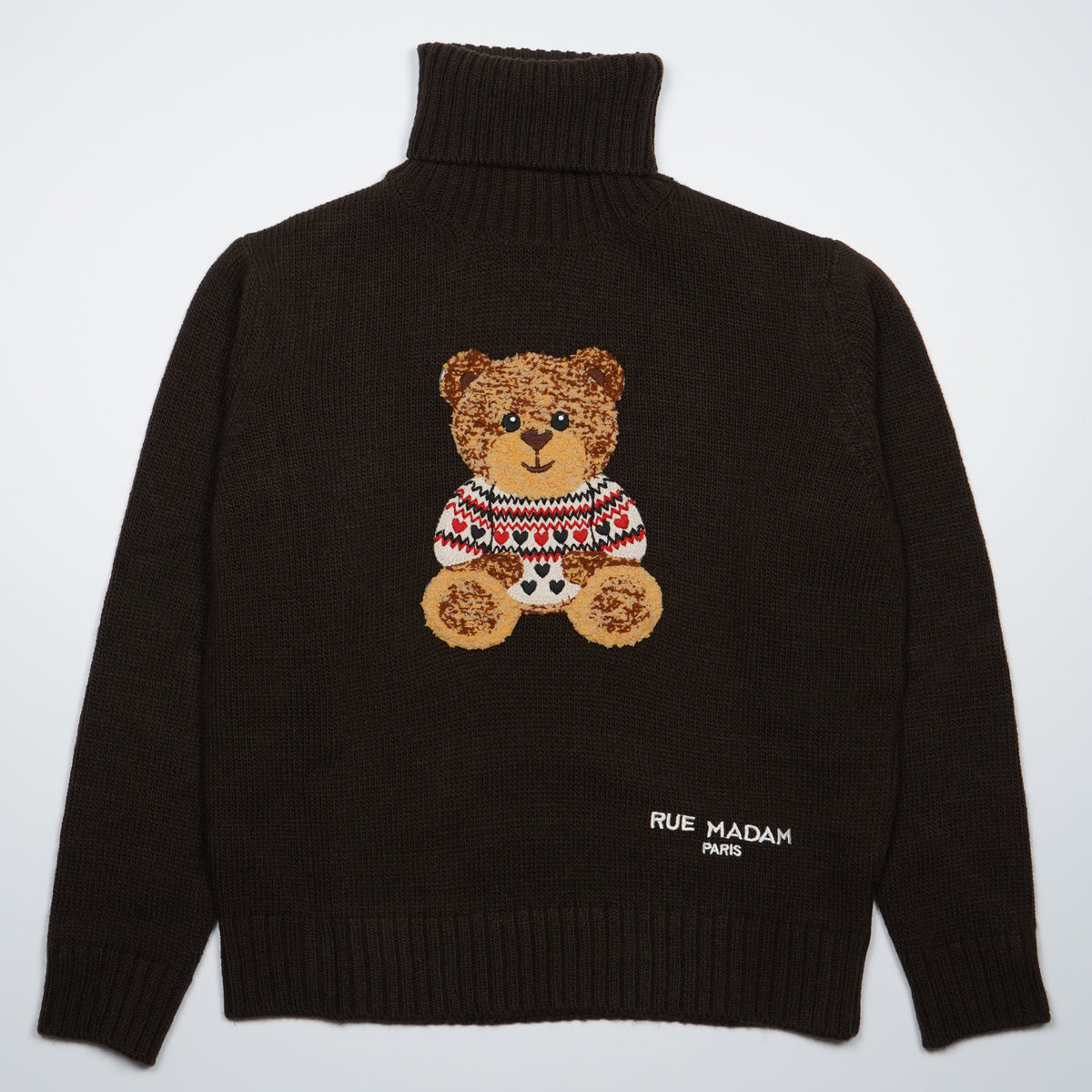 Dolcevita Rue Madam Paris Marvin Love Turtleneck 1613 Marrone in Misto Lana con Orsetto Marvin Ricamato e Logo