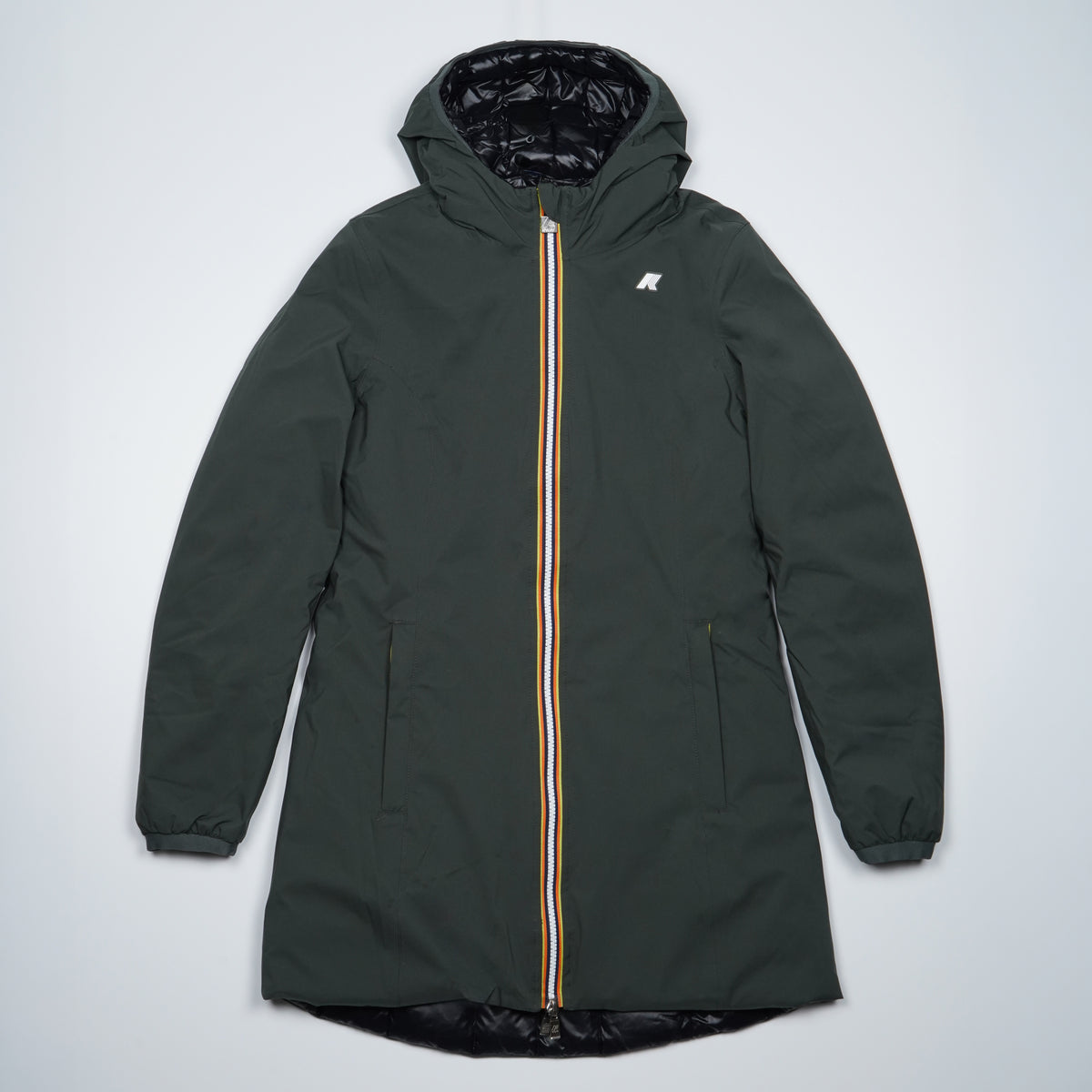 Giubbotto K-Way Denise ST Thermo Double K8134CW AGQ Verde Scuro e Nero Reversibile con Cappuccio e Imbottitura in Piuma Naturale