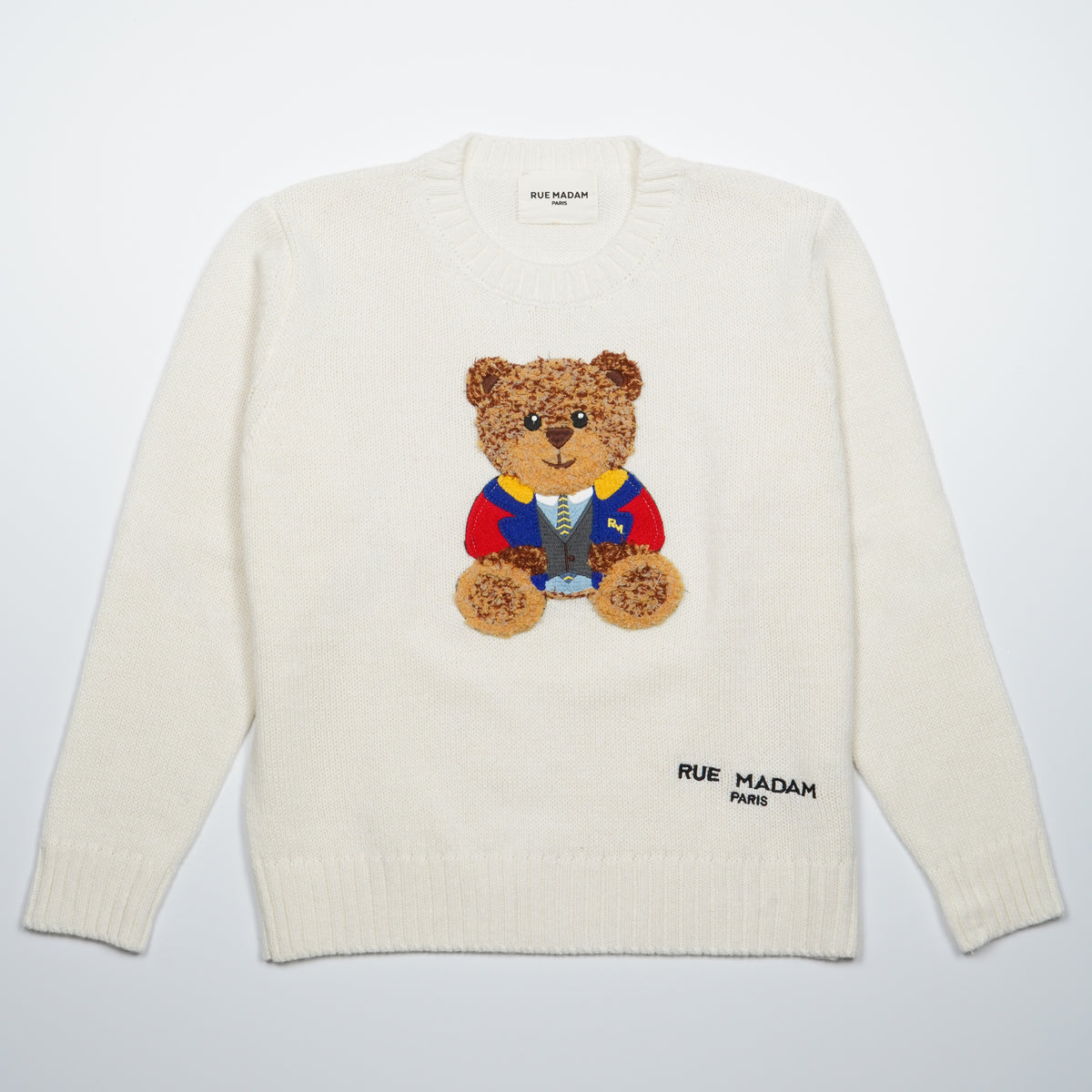Maglione Rue Madam Paris Marvin Jumper 1507 Bianco Panna in Misto Lana con Orsetto Marvin Ricamato e Logo