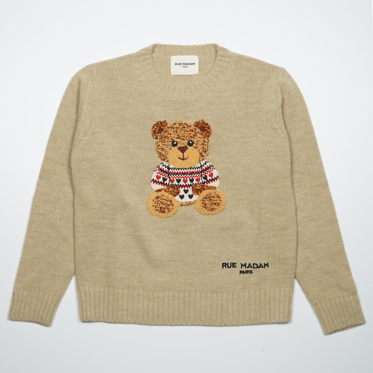 Maglione Rue Madam Paris Marvin Love Jumper 1612 Beige in Misto Lana con Orsetto Marvin Ricamato e Logo