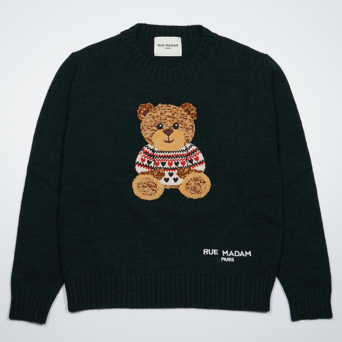 Maglione Rue Madam Paris Marvin Love Jumper 1612 Verde Bosco in Misto Lana con Orsetto Marvin Ricamato e Logo