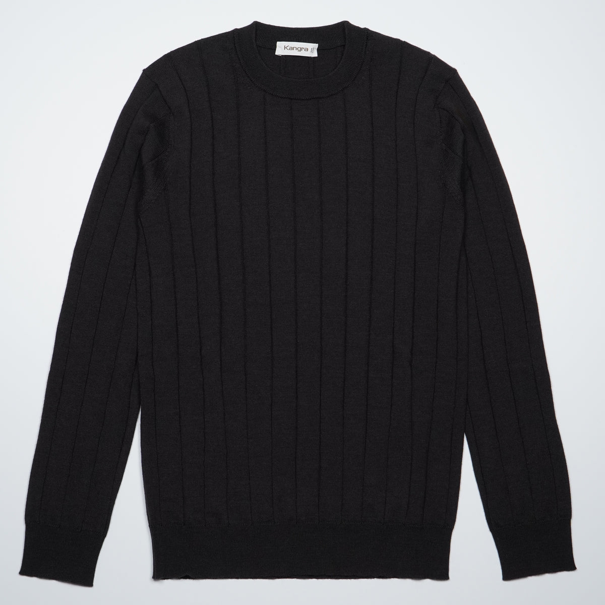 Maglione Girocollo a Coste Kangra W7K4006-00146 Nero in Lana Merino Extrafine