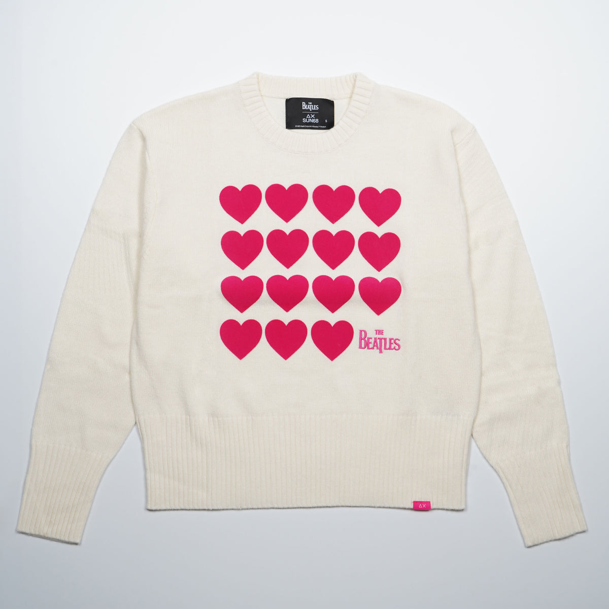Maglione Girocollo SUN68 x The Beatles K46616 31 Panna Oversize Warm Wool con Cuori Fucsia, Girocollo e Maniche Lunghe