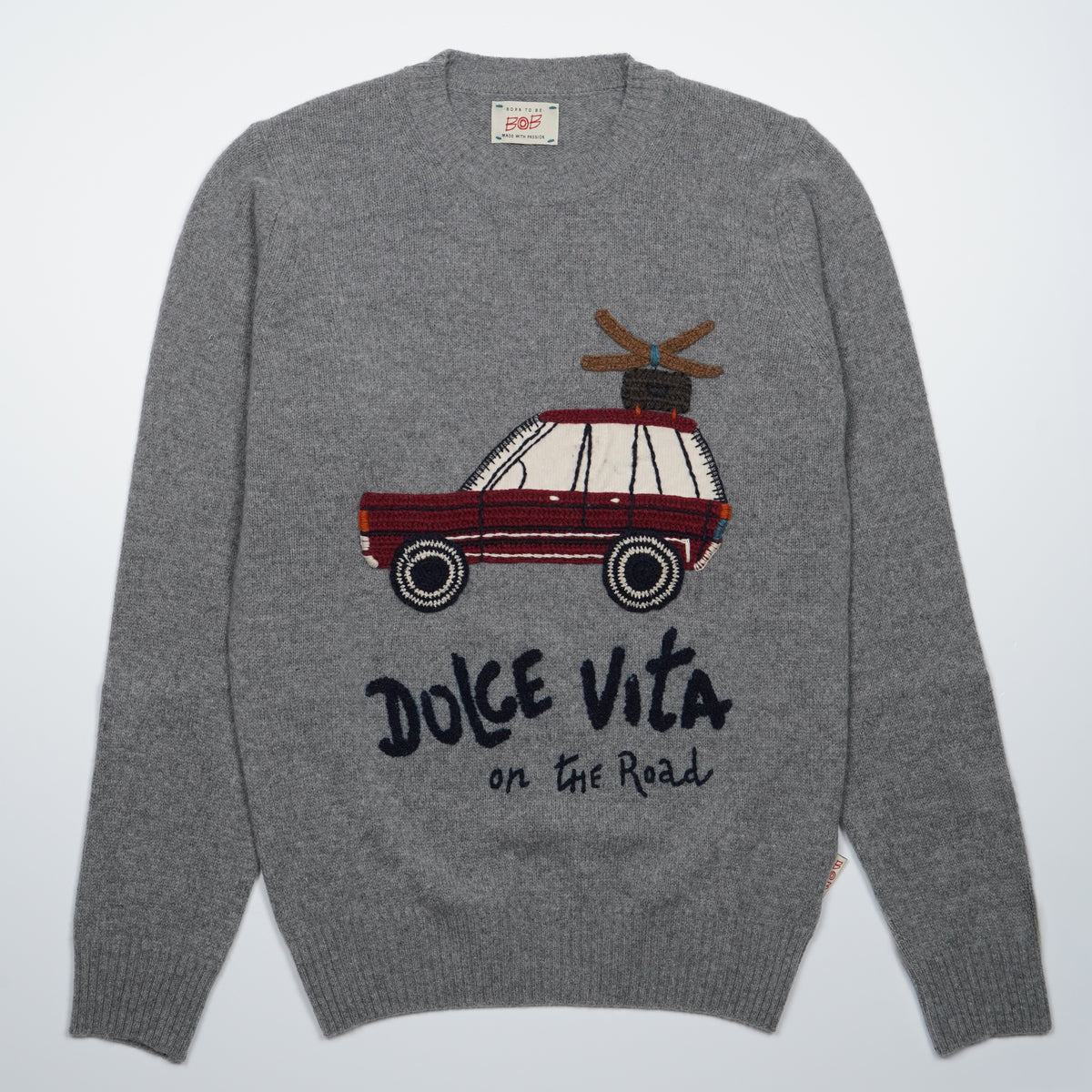 Maglione Girocollo BOB Scott R00638 Grigio Argento in Misto Lana con Ricamo Auto "Dolce Vita on the Road"