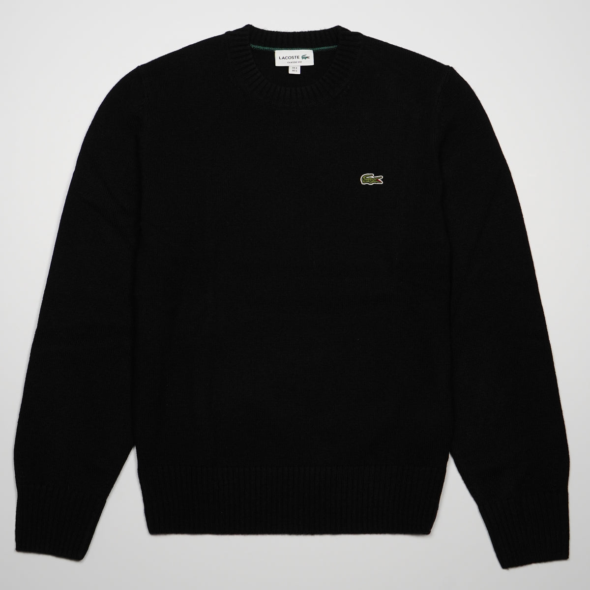 Maglione Girocollo Lacoste AH2916 031 Nero in 100% Lana Cardata Classic Fit con Coccodrillo Ricamato