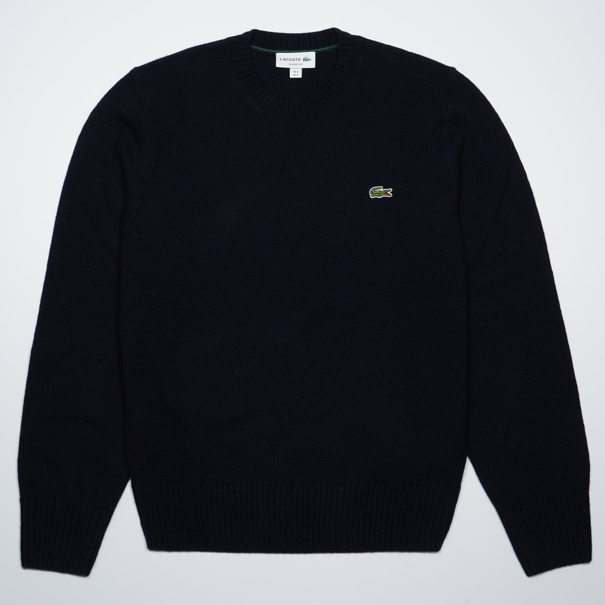 Maglione Girocollo Lacoste AH2916 166 Blu Notte in 100% Lana Cardata Classic Fit con Coccodrillo Ricamato