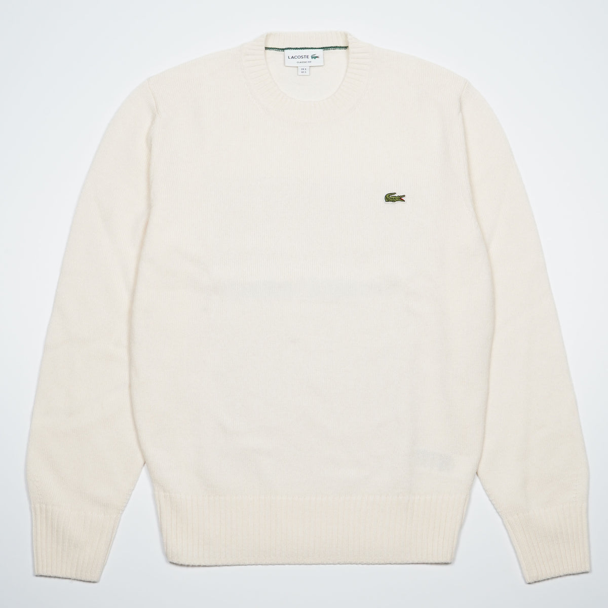 Maglione Girocollo Lacoste AH2916 XFJ Bianco Panna in 100% Lana Cardata Classic Fit con Coccodrillo Ricamato
