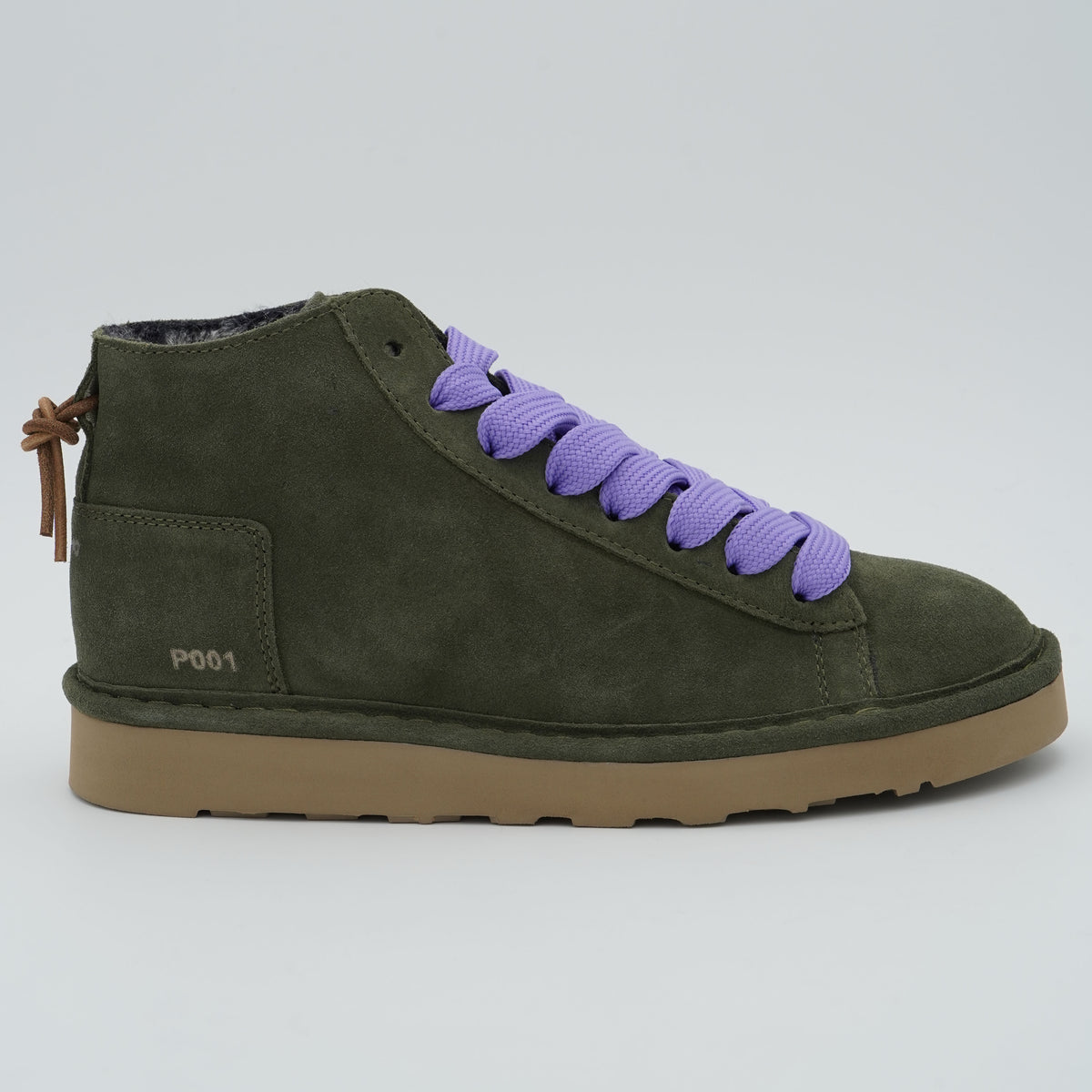 Polacchino Panchic P001 Icon P001W036 U007 in Camoscio Verde con Fodera Faux Fur, Lacci Lilla e Suola EVA