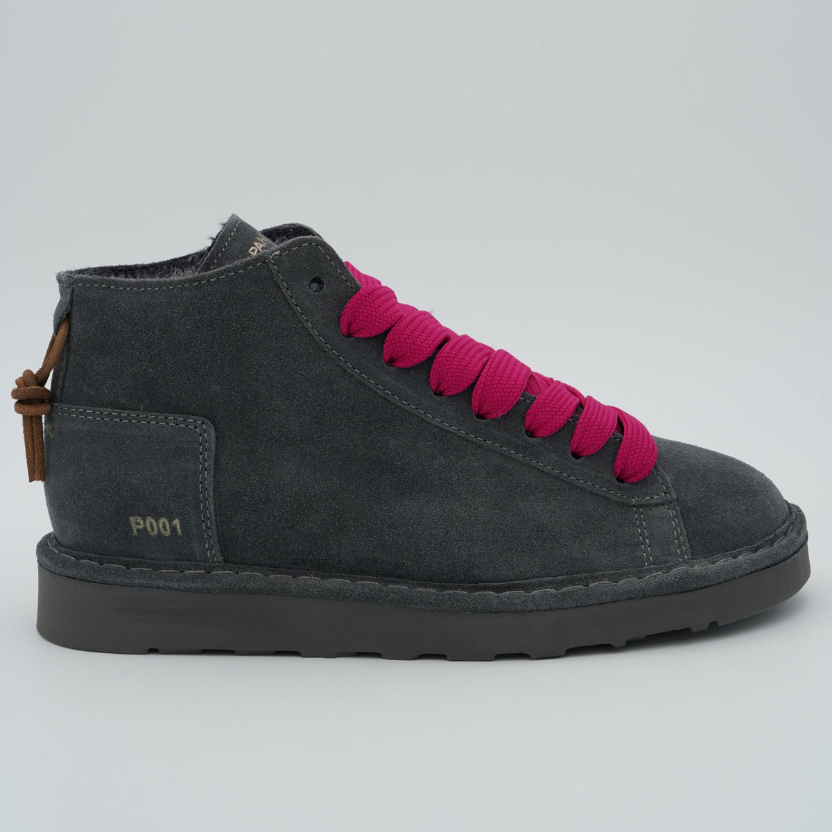 Polacchino Panchic P001 Icon P001W036 V006 in Camoscio Antracite con Fodera Faux Fur, Lacci Fucsia e Suola EVA