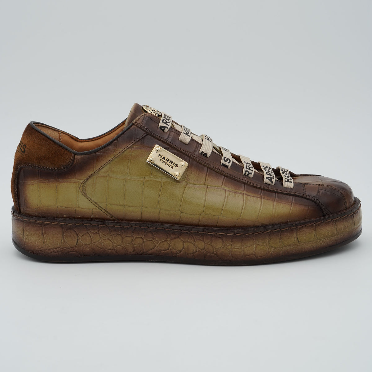Sneakers Harris 2817 Cocco 26 Marrone e Verde Oliva in Pelle di Vitello Effetto Coccodrillo Dipinta a Mano con Suola Runner in Gomma
