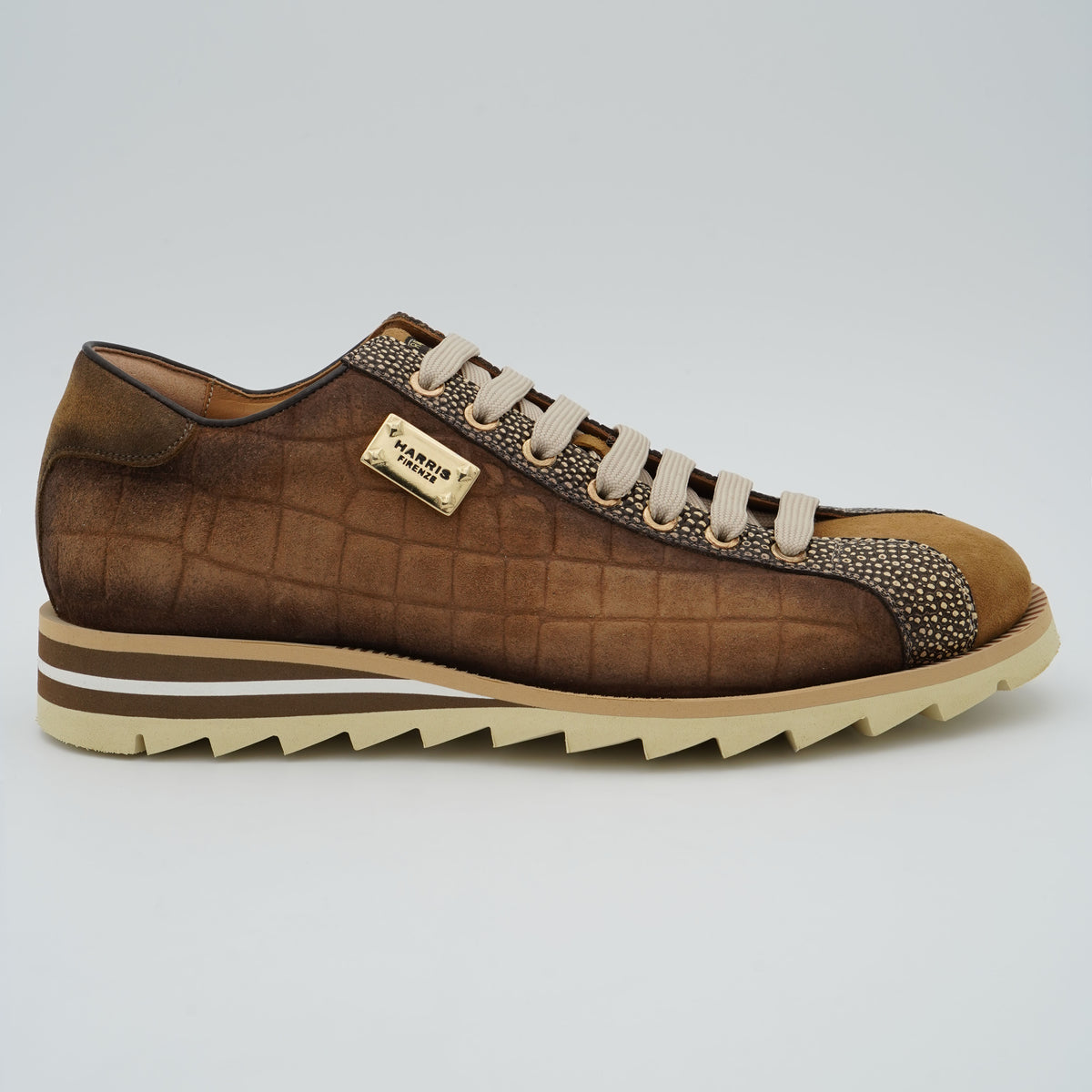 Sneakers Harris 2892 Velour Bolgheri 1045 Marrone in Pelle e Camoscio con Stampa Cocco, Dettagli Oro e Suola Carrarmato