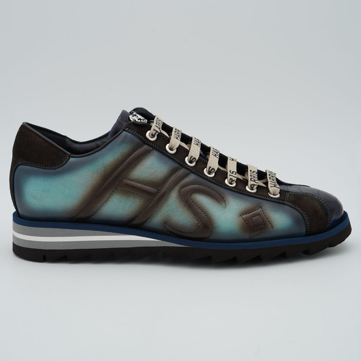 Sneaker Harris 3896 Cocco 21 Ocean in Pelle di Vitello Dipinta a Mano Blu Verde e Marrone con Inserti in Camoscio e Stampa Cocco