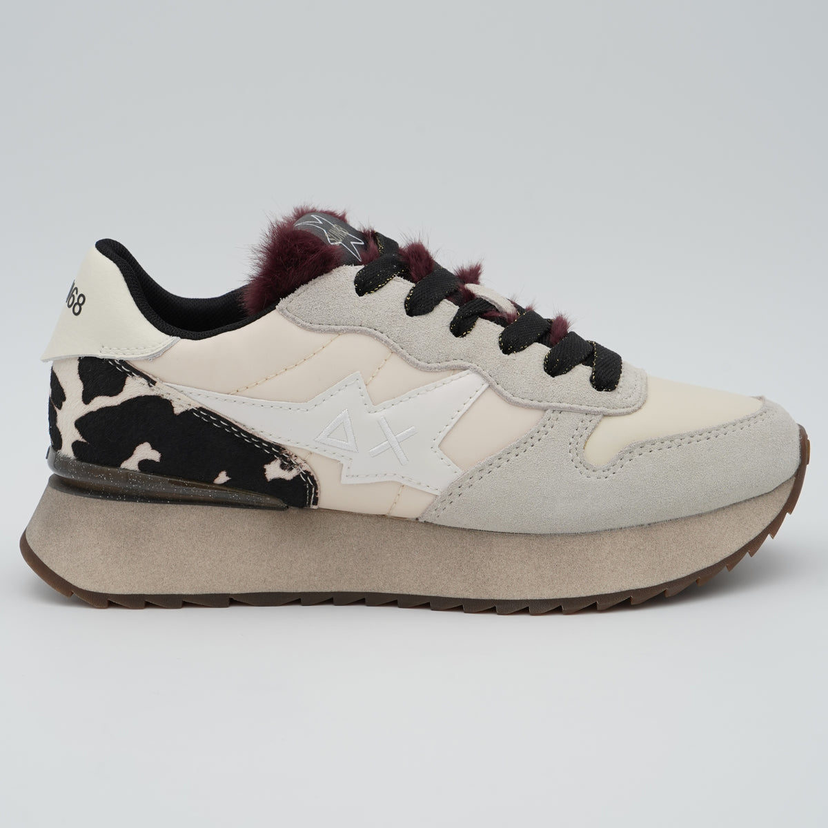 Sneakers SUN68 Stargirl Animalier Z46224 31 Bianco Panna in Nylon e Suede con Cavallino Pezzato, Linguetta in Pelliccia Sintetica e Suola EVA