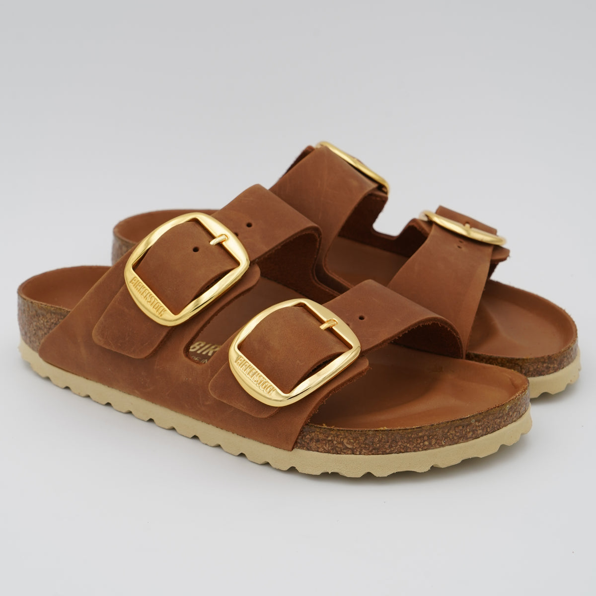 Sandalo Birkenstock Arizona Big Buckle 1011073 Cognac con Maxi Fibbie Oro