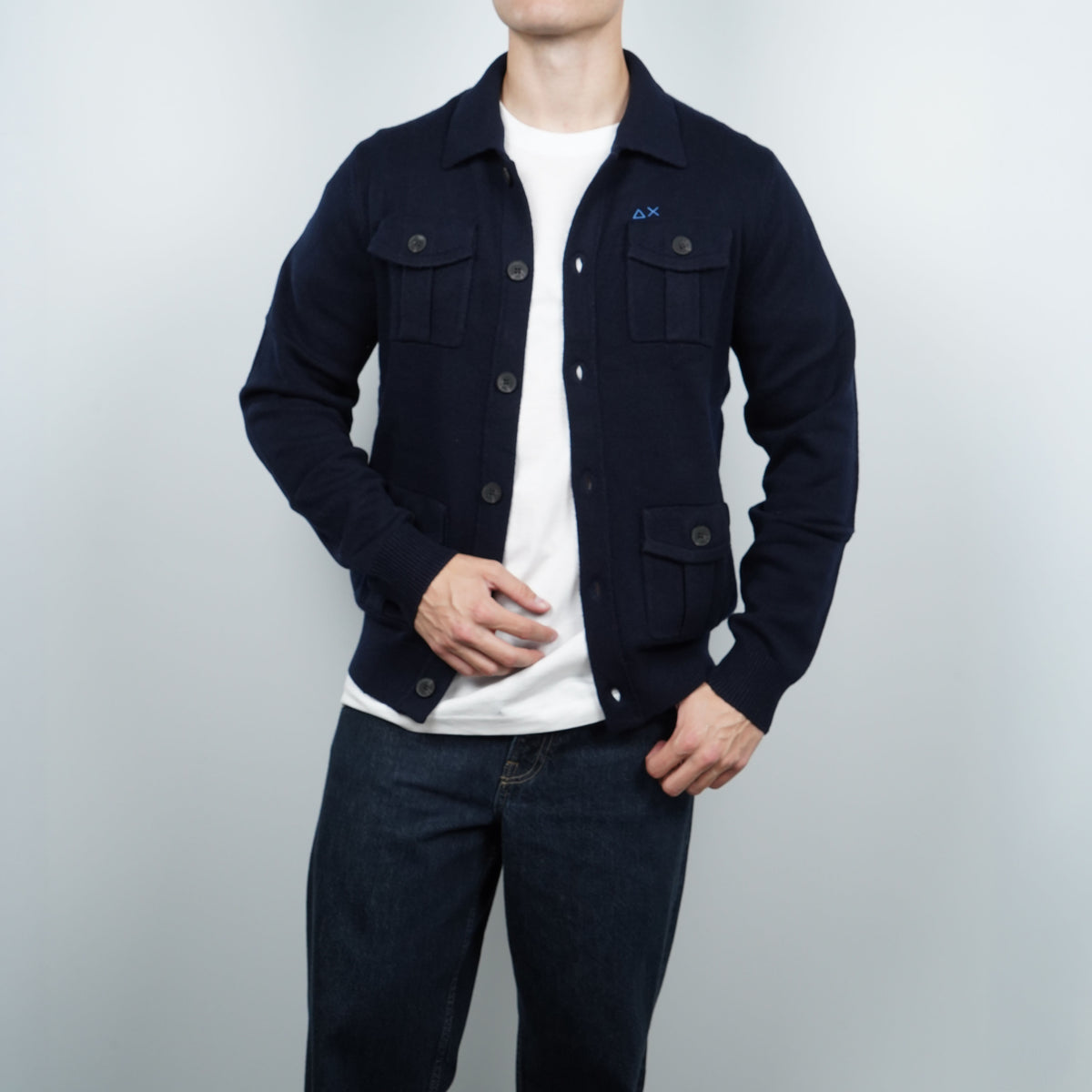 Cardigan SUN68 Field Pocket Warm Wool K46116-07 Navy Blue in Lana e Cashmere