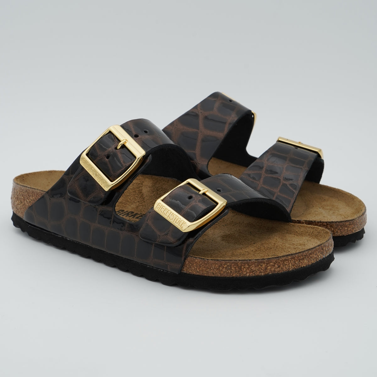 Sandalo Birkenstock Arizona 1032864 Emboss Leather Black in Pelle con Fibbie Gold