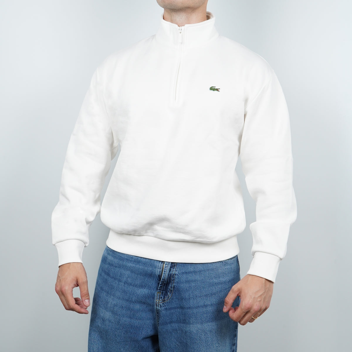 Felpa Lacoste SH8866-00-70V Blanc con Collo Alto e Mezza Zip Classic Fit