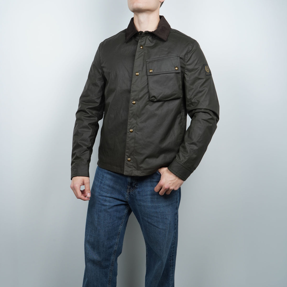 Giacca Belstaff Verde Oliva in Cotone Cerato con Colletto in Velluto