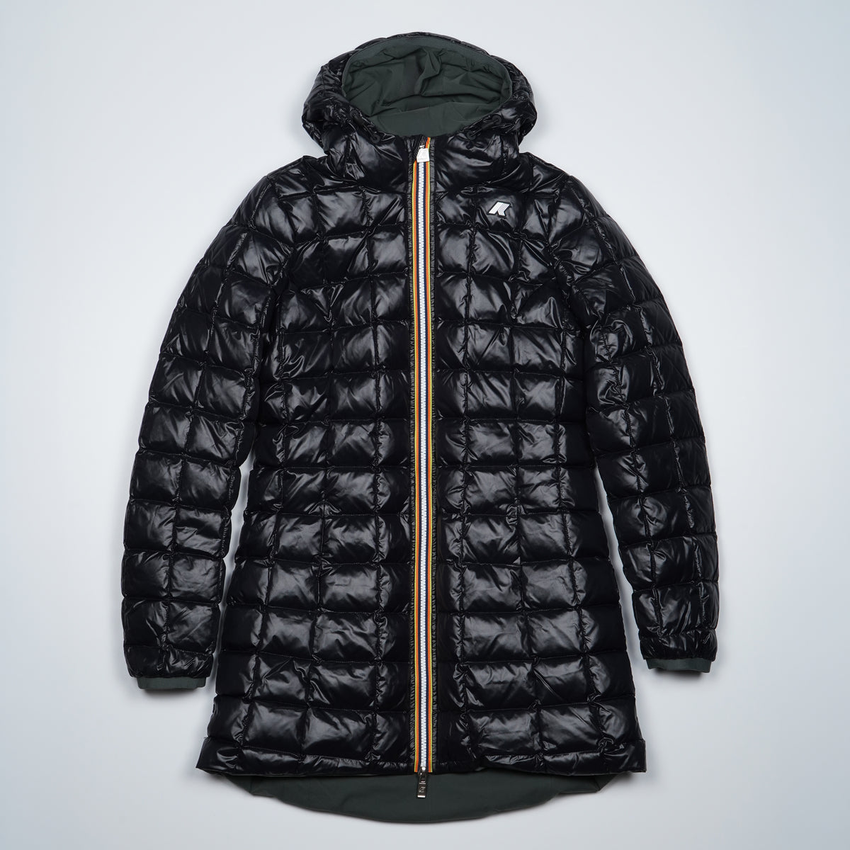 Giubbotto K-Way Denise ST Thermo Double K8134CW AGQ Verde Scuro e Nero Reversibile con Cappuccio e Imbottitura in Piuma Naturale