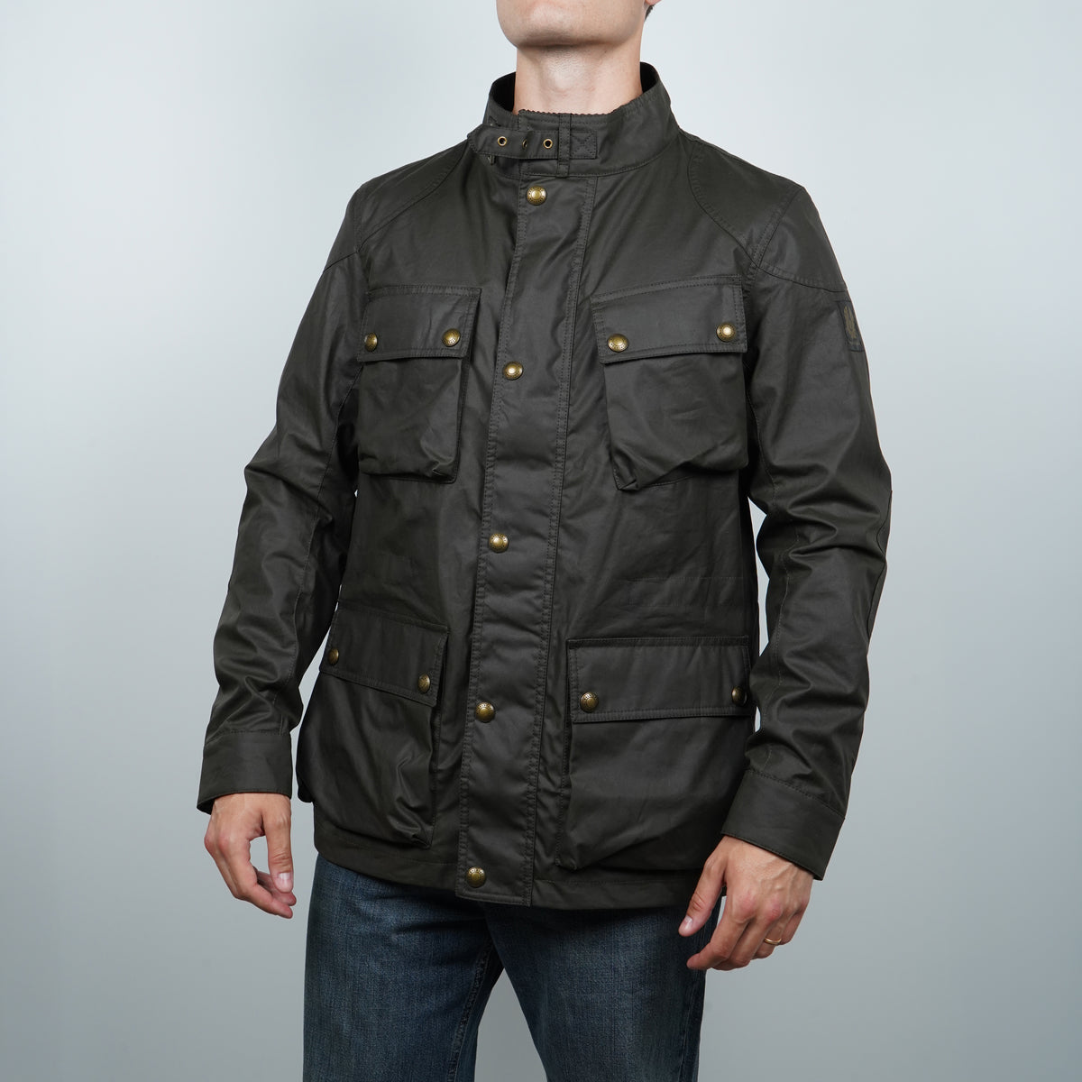 Giubbotto Belstaff Fieldmaster Jacket 105300 Faded Olive Verde Oliva Scuro in Cotone Cerato con Collo in Velluto e Quattro Tasche