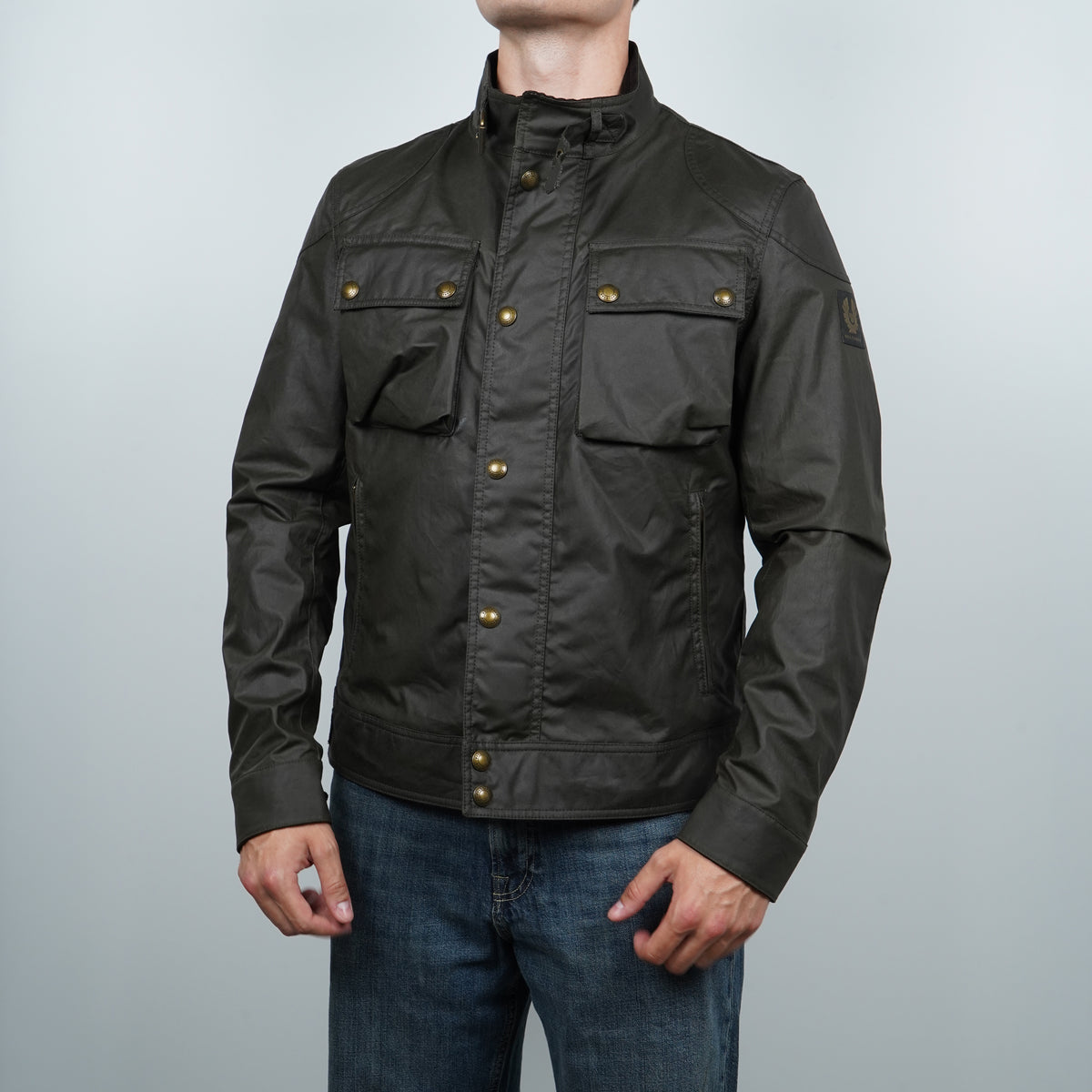 Giubbotto Belstaff Racemaster Icon Jacket 105306 Faded Olive Verde Oliva Scuro in Cotone Cerato con Collo Alto e Quattro Tasche