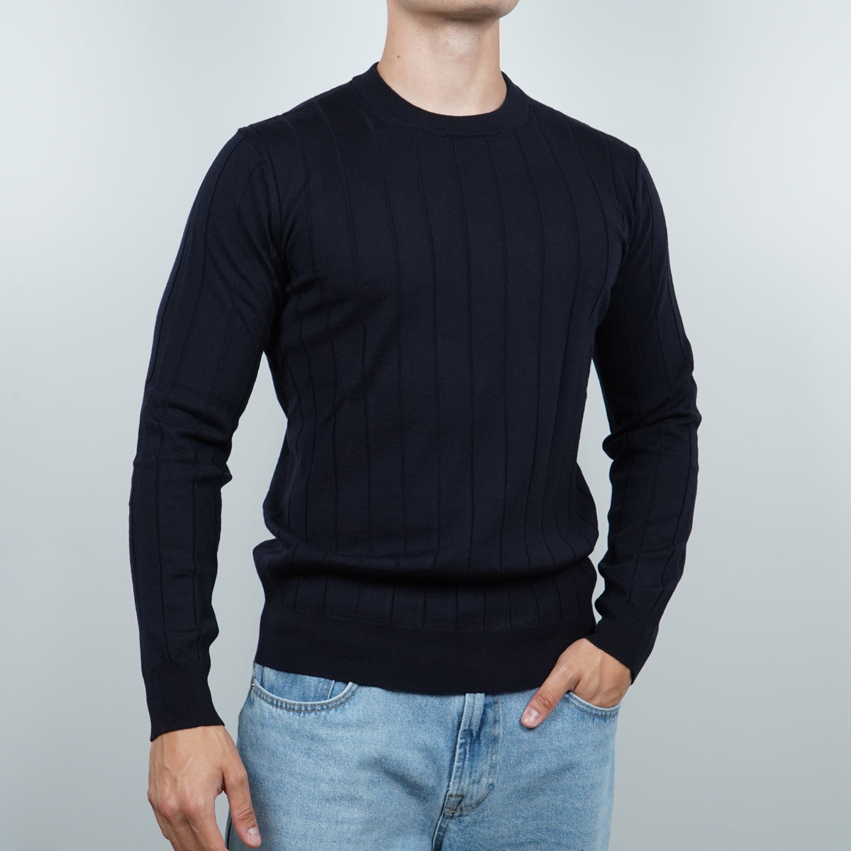 Maglione Girocollo a Coste Kangra W7K4006-00041 Blu Navy in Lana Merino Extrafine