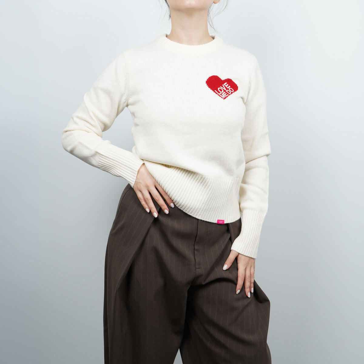 Maglione Girocollo SUN68 x The Beatles K46615 31 Bianco Panna in Lana e Cashmere con Cuore Rosso Love Me Do
