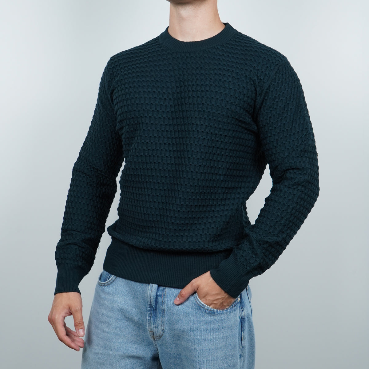 Maglione Girocollo Pluriball Kangra W7K4007-00048 Verde Bottiglia in Lana Merino Extrafine