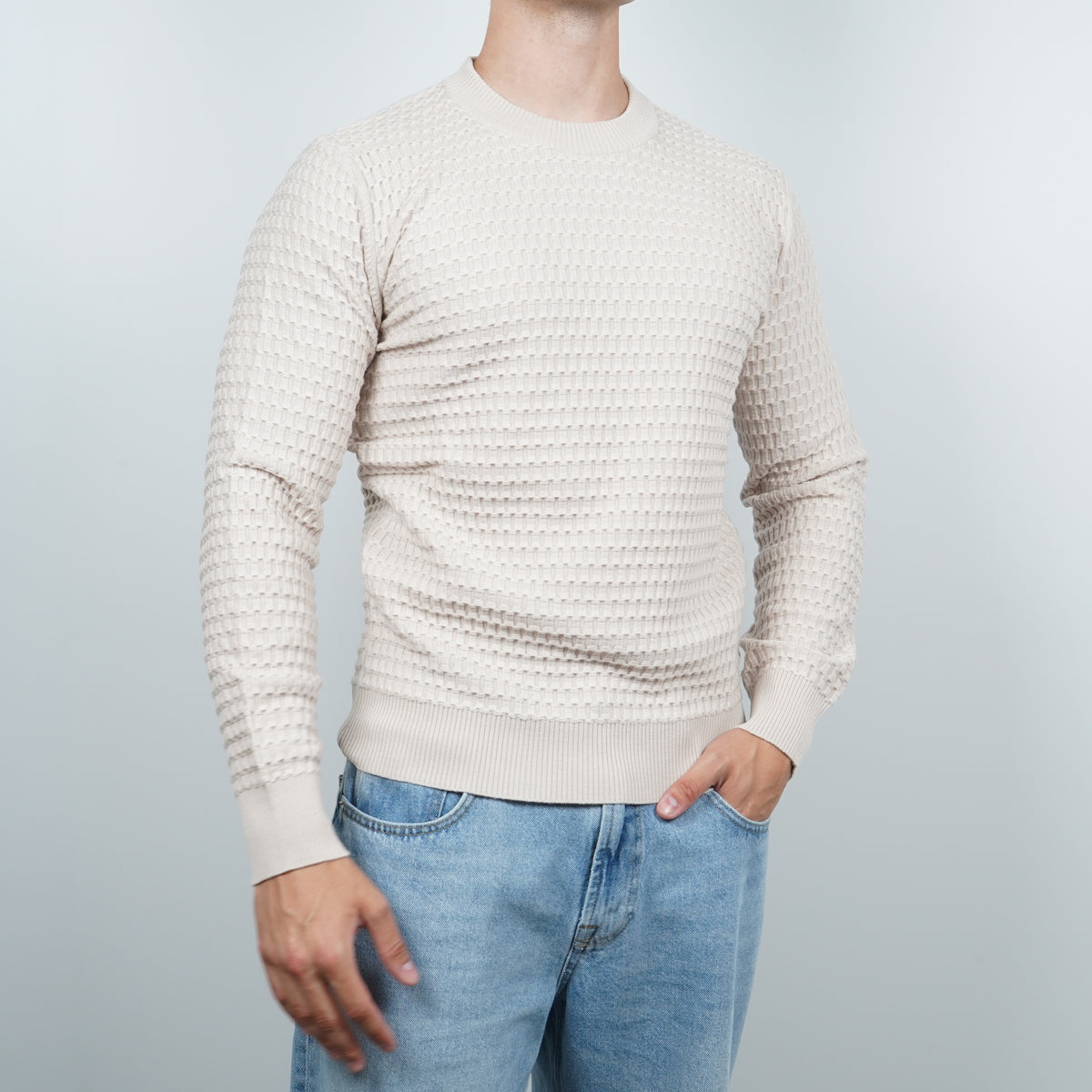 Maglione Girocollo Pluriball Kangra W7K4007-00701 Bianco Panna in Lana Merino Extrafine